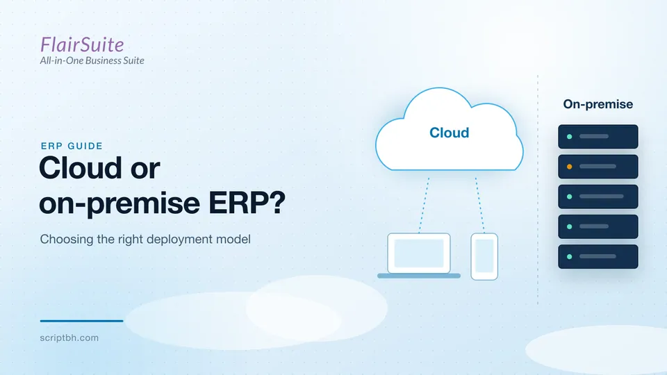 Cloud ERP accessed from a laptop and phone, compared with an on-premise server rack