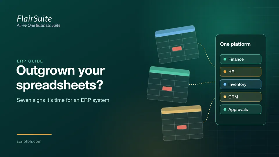 جداول بيانات متفرقة تتجمع في منصة ERP واحدة تضم وحدات المالية والموارد البشرية والمخزون وإدارة العملاء والموافقات