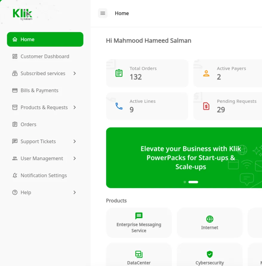 لوحة تحكم عملاء Klik من كلام على الويب، وتظهر فيها الطلبات والخطوط والطلبات المعلقة والمنتجات