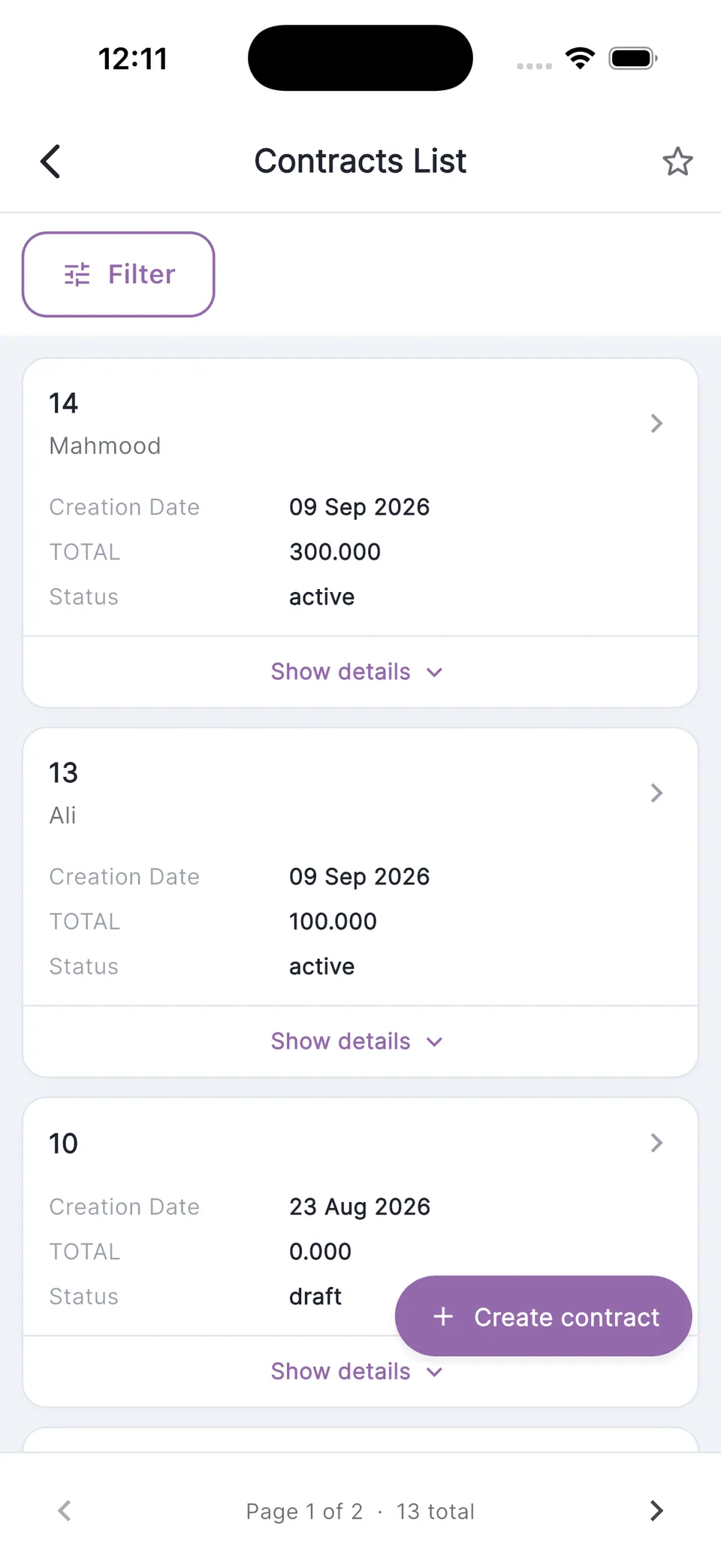 FlairSuite mobile app: contracts list with totals and status