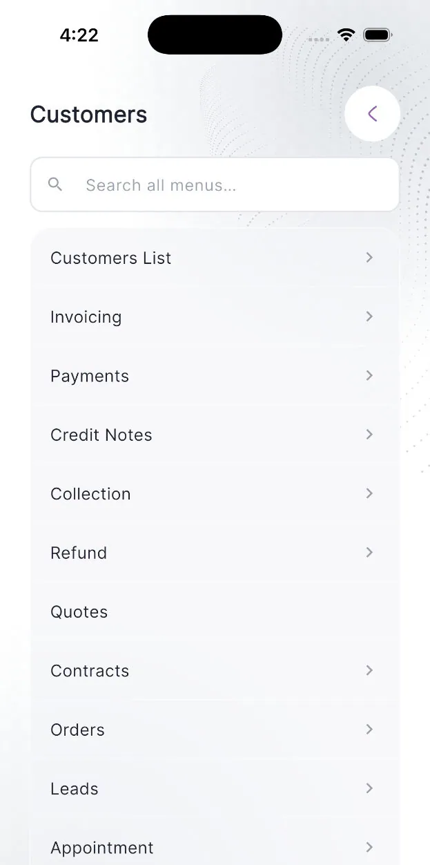 FlairSuite mobile app: customers menu with invoicing, payments and collections