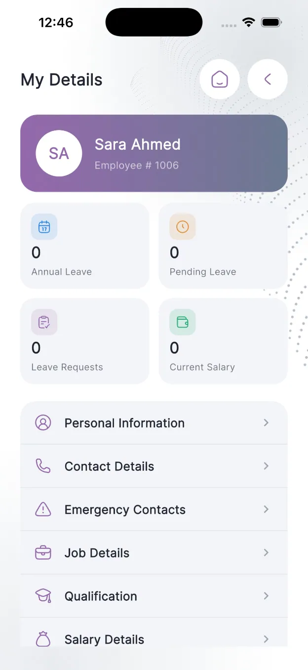 FlairSuite mobile app: employee details with leave balances and personal information