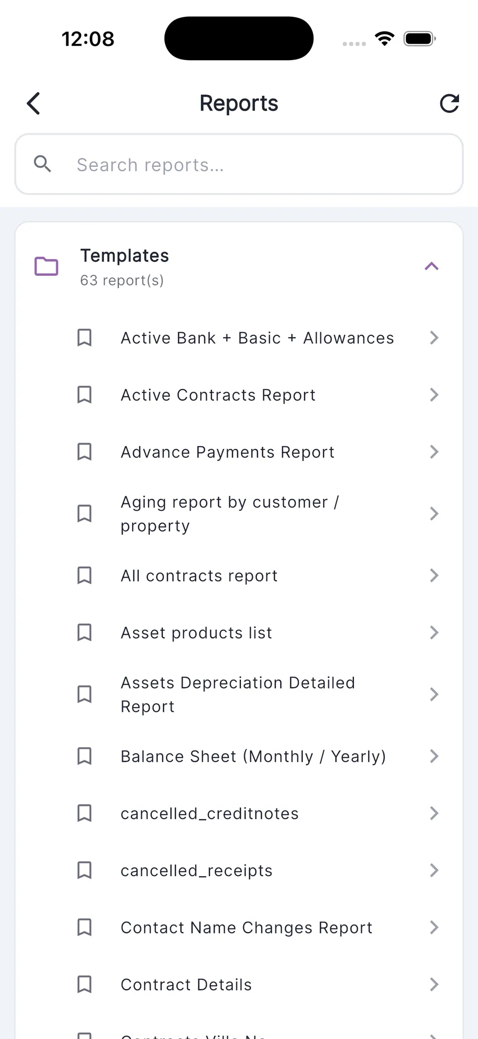 FlairSuite mobile app: report templates with search