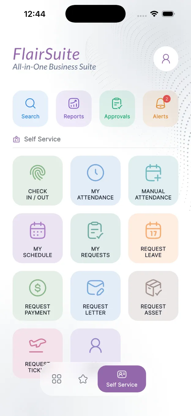 FlairSuite mobile app: employee self-service home screen